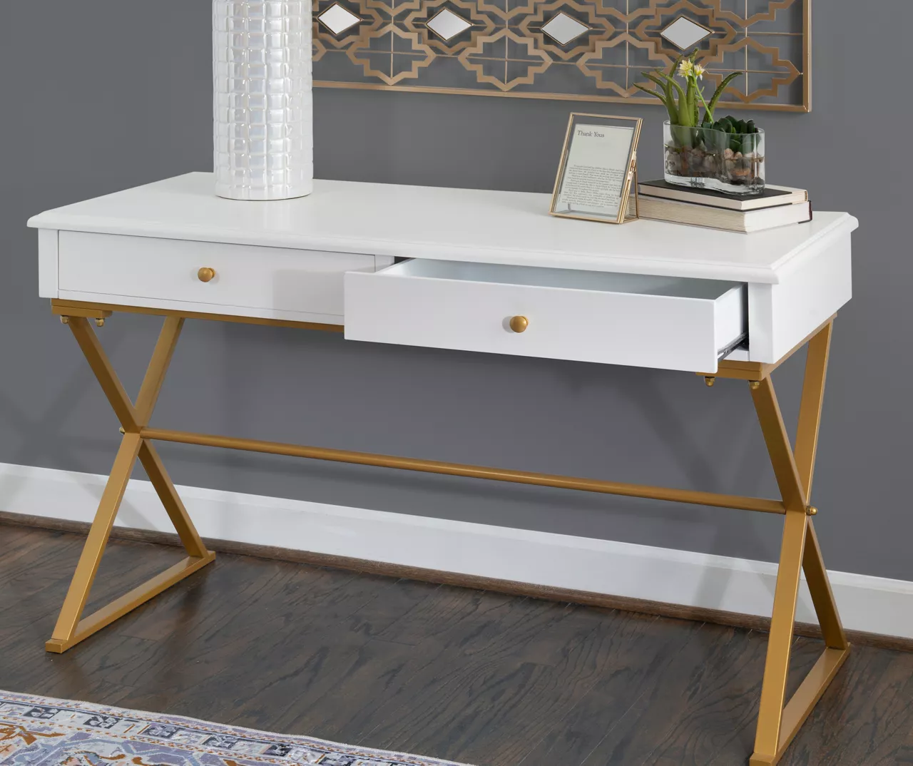 Glam White & Gold 2-Drawer Campaign Desk 3 Glam White & Gold 2-Drawer Campaign Desk - Image 3