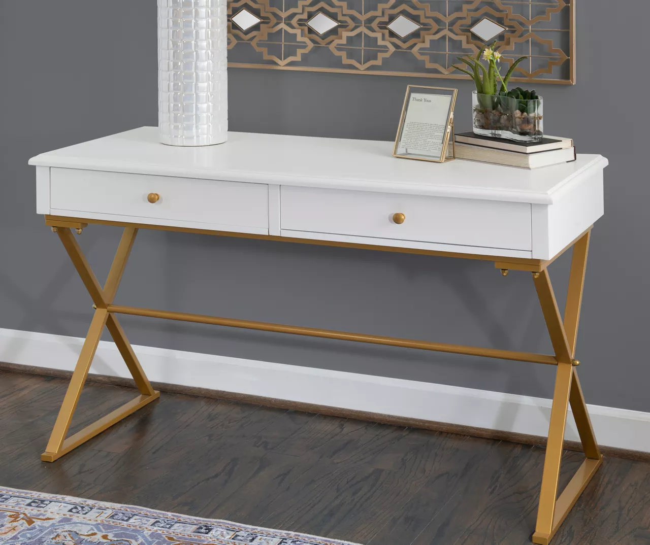 Glam White & Gold 2-Drawer Campaign Desk 2 Glam White & Gold 2-Drawer Campaign Desk - Image 2