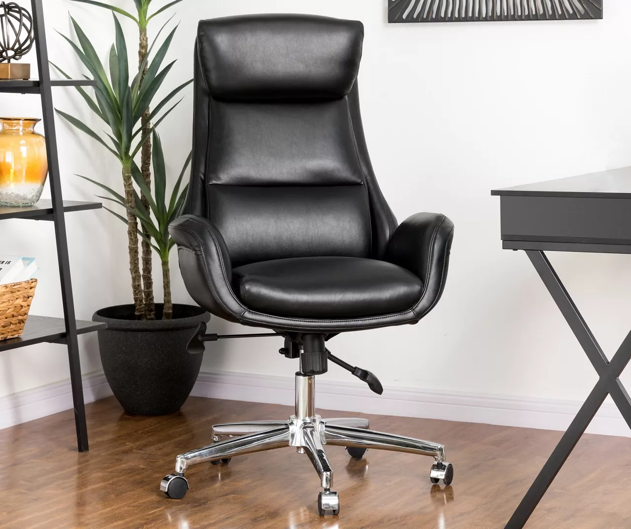Black Mid-Century Modern Faux Leather Executive Office Chair 2 Black Mid-Century Modern Faux Leather Executive Office Chair - Image 2